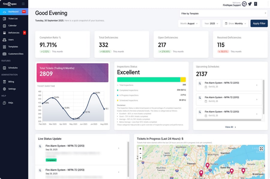 Dashboard overview with statistics graphs and map for Fire Inspection System September 2025