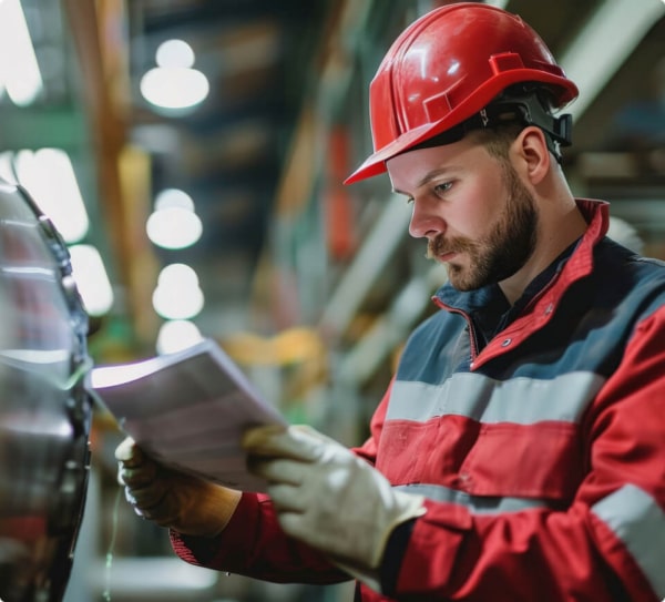 Factory worker in a red hard hat reading documents in an industrial setting