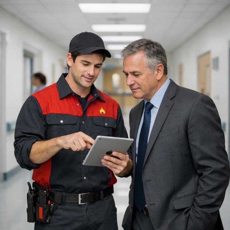 Technician and businessman discussing on a tablet in a hallway